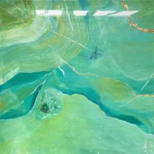 Modernes Kunstwerk von Jennit in mint, türkis, gold mit grünem Mineralien in Acryl gemalen