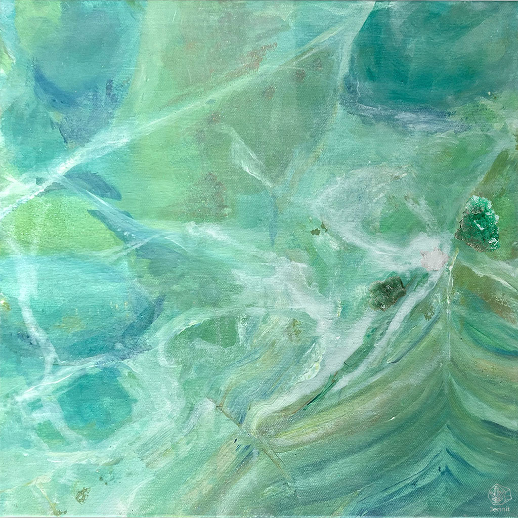 Abstraktes, modernes Kunstwerk von Jennit in mint in dem echte Mineralien wie Grüner Halit eingearbeitet wurden.