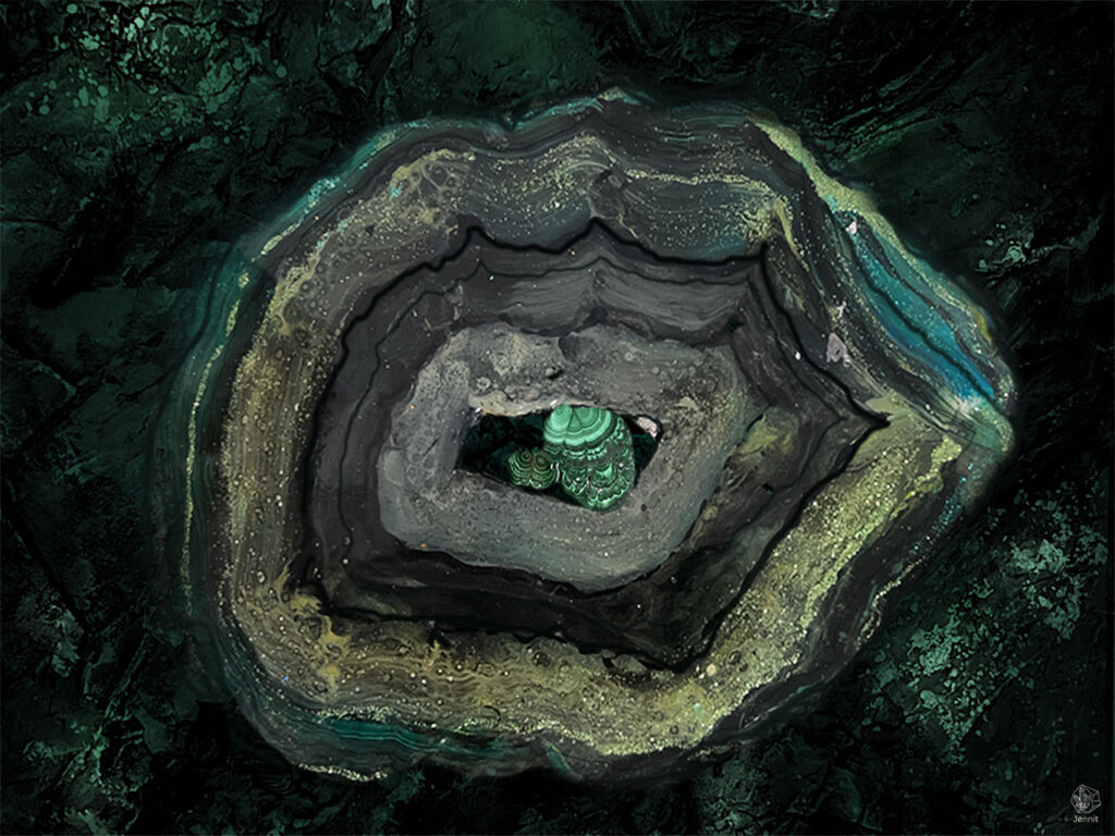 Luxuriöses Kunstwerk von Jennit der Serie Phaos in smaragdgrün und schwarz mit echtem Malachit und Achatgeode in glitzernden Acryl Grüntönen.