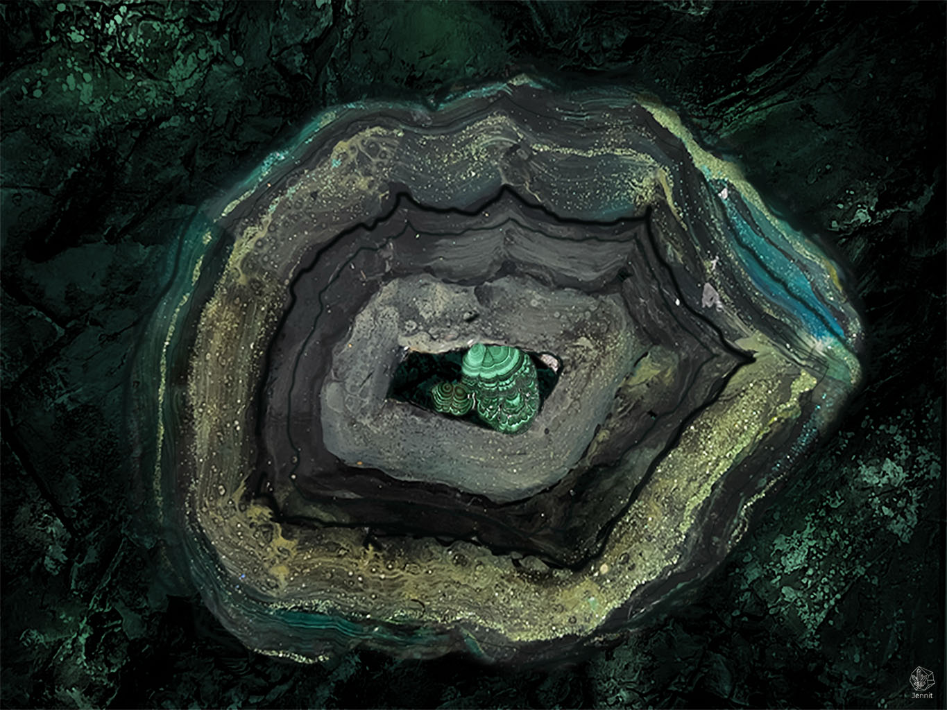 Luxuriöses Kunstwerk von Jennit in smaragdgrün und schwarz mit echtem Malachit und Achatgeode in glitzernden Acryl Grüntönen.